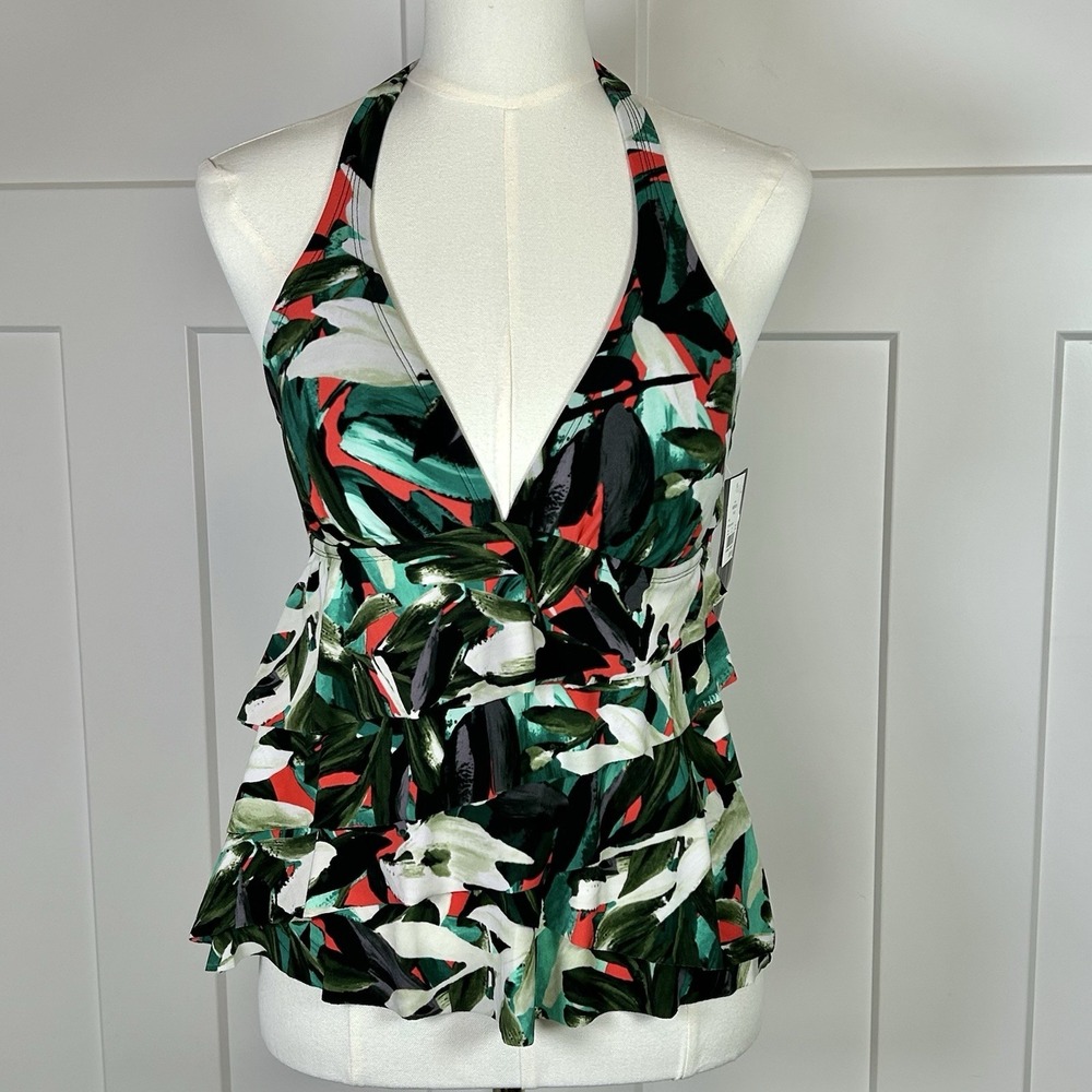 *NWT* Aqua Green Tankini Top -Women's MEDIUM- Black Green‎ Orange White